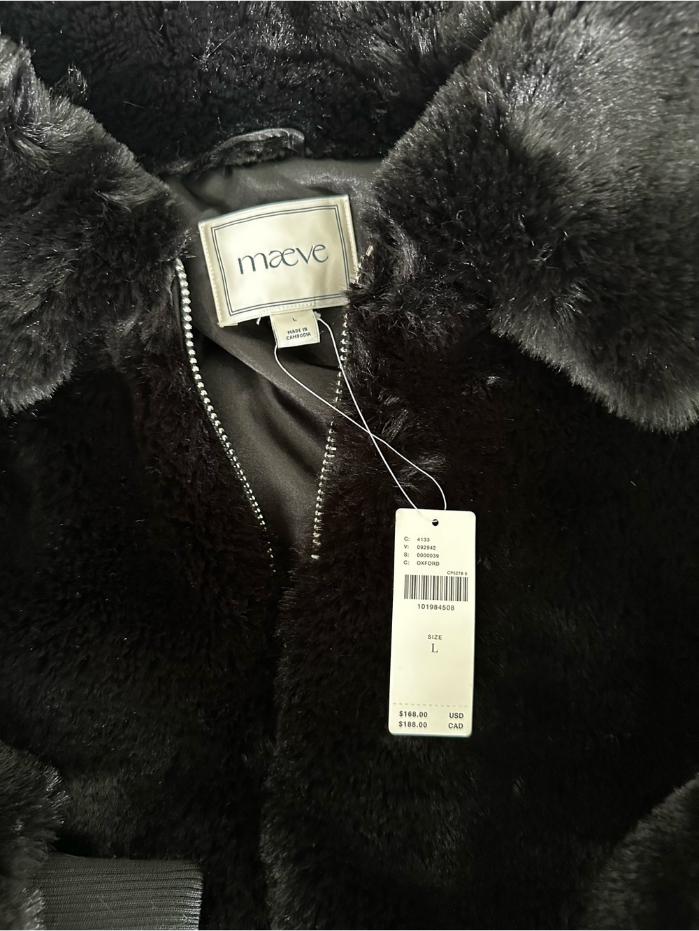 Anthropologie Maeve Rae Black Faux Fur Jacket, size L, NWT
